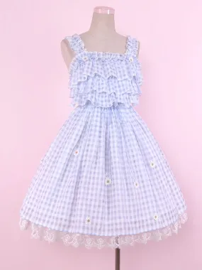 Blue Cottagecore Gingham Sundress Daisy Lace Trim Plaid Lolita Jumper Skirt