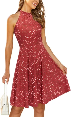 Blue Floral-38 Women's Halter Neck Floral Summer Casual Sundress - OUGES