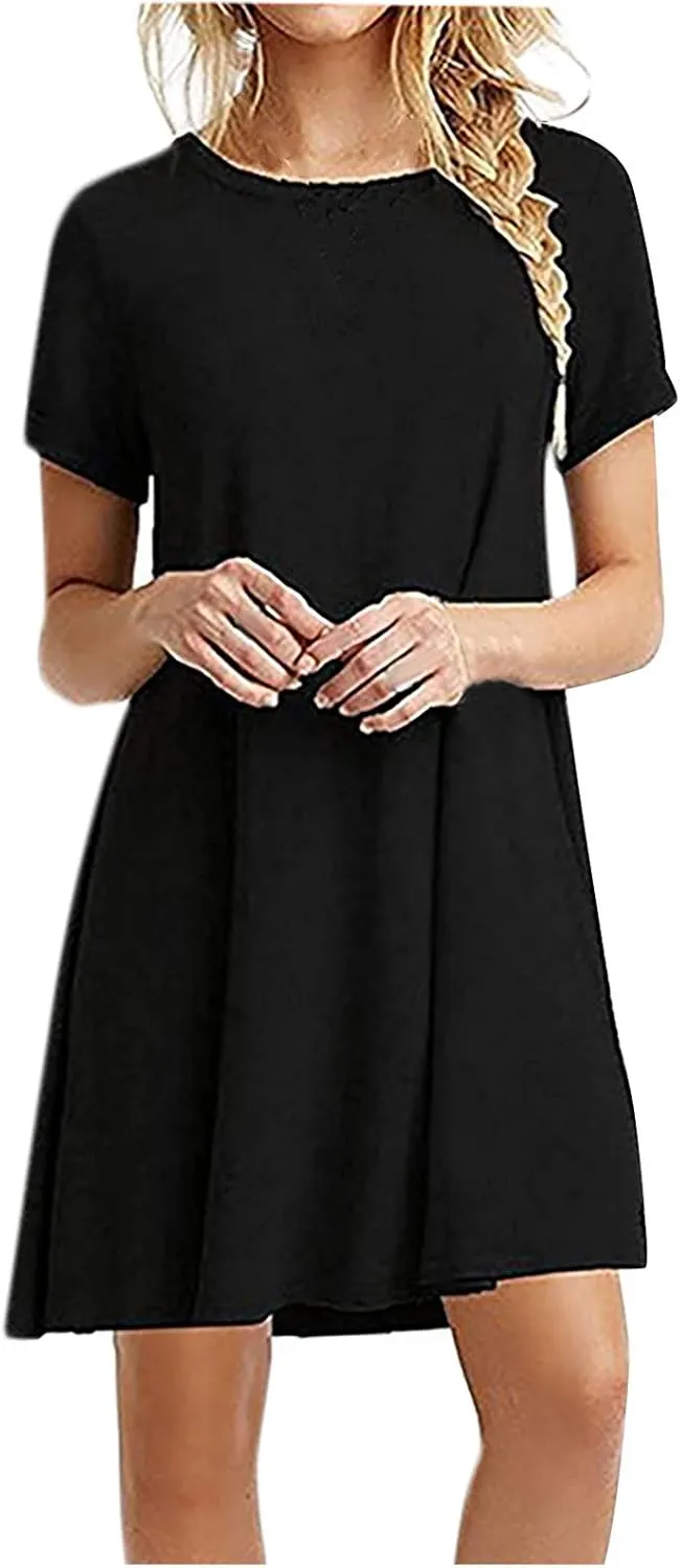 Casual Dresses for Women Crewneck Short Sleeve A Line Tshirt Dress Loose Elegant Solid Mini Dress Summer Dresses