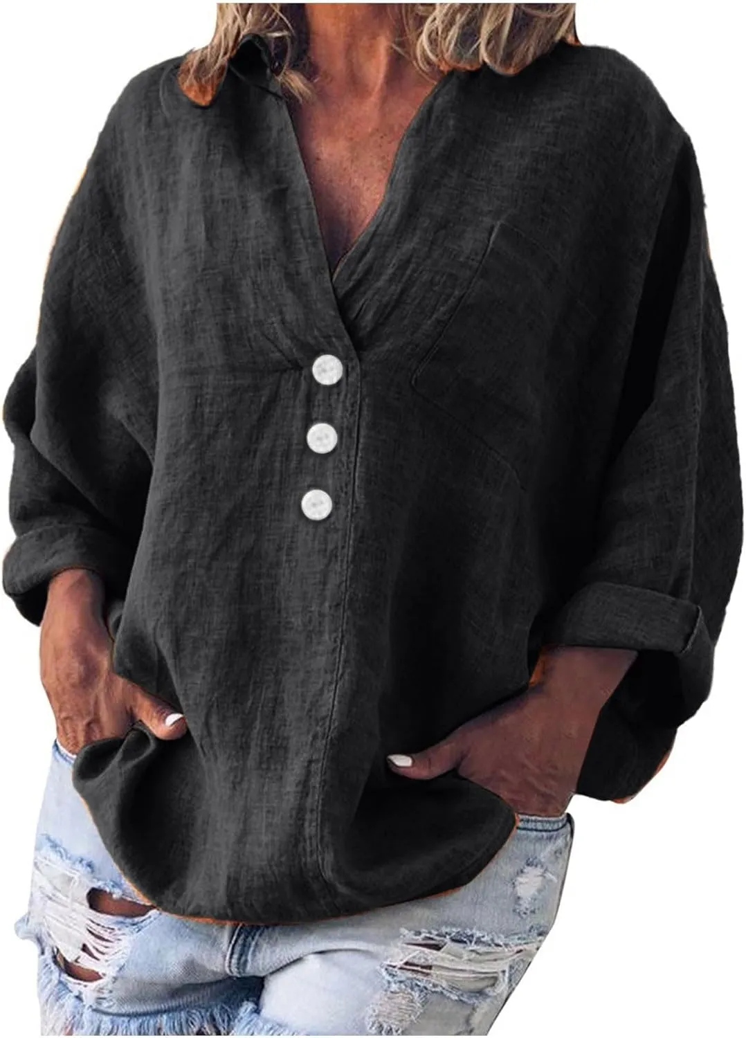 Ceboyel Women Cotton Linen Henley Shirts Oversized Long Sleeve Summer Tops Boho Trendy Blouses Loose Fit Outfits Clothing