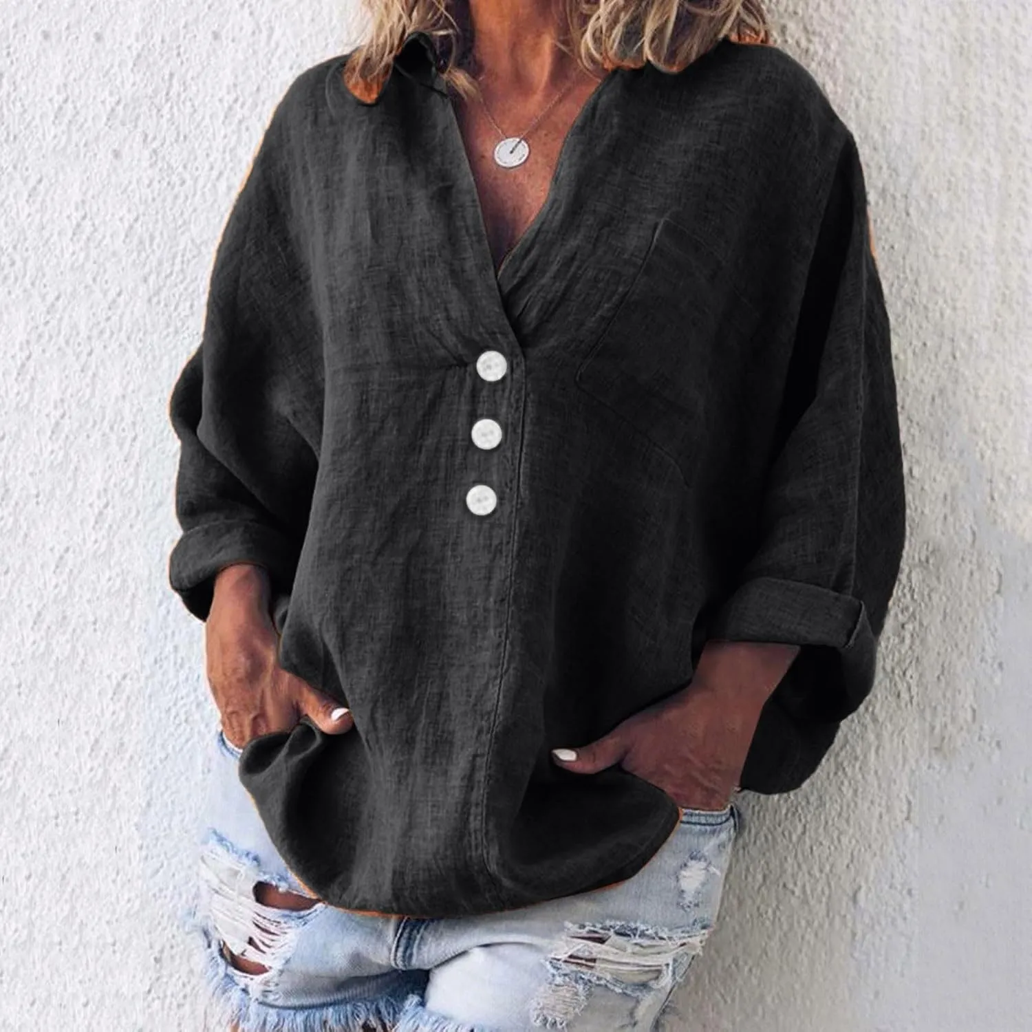 Ceboyel Women Cotton Linen Henley Shirts Oversized Long Sleeve Summer Tops Boho Trendy Blouses Loose Fit Outfits Clothing