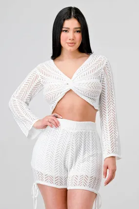 CHIC CROCHET TWIST FRONT TOP AND SHORTS SET