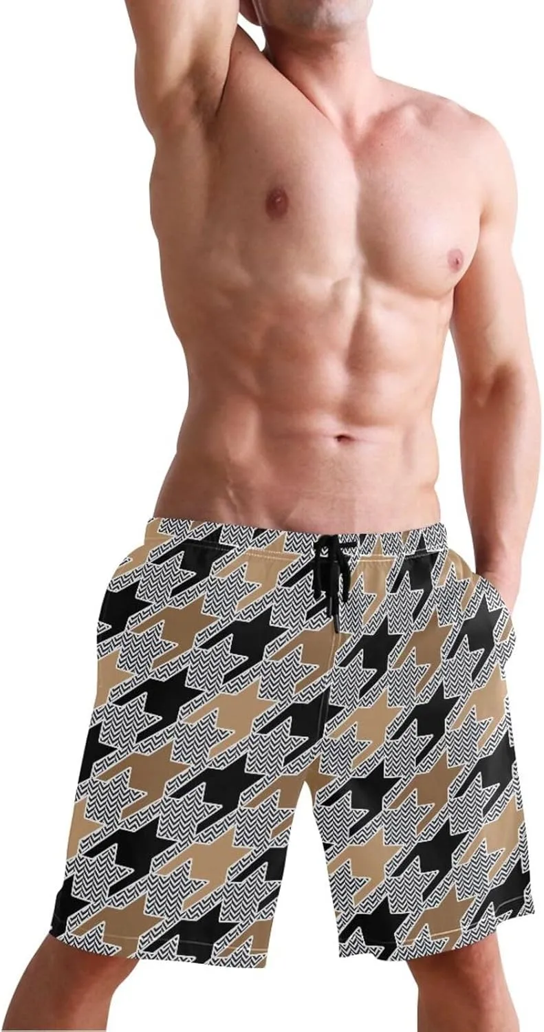 CHIFIGNO Chic Houndstooth Black White Mens Beach Shorts, Small Quick Dry Beach Shorts, Surf Trunks Men
