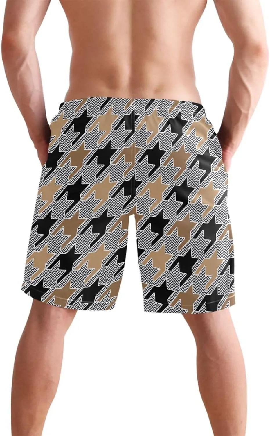 CHIFIGNO Chic Houndstooth Black White Mens Beach Shorts, Small Quick Dry Beach Shorts, Surf Trunks Men