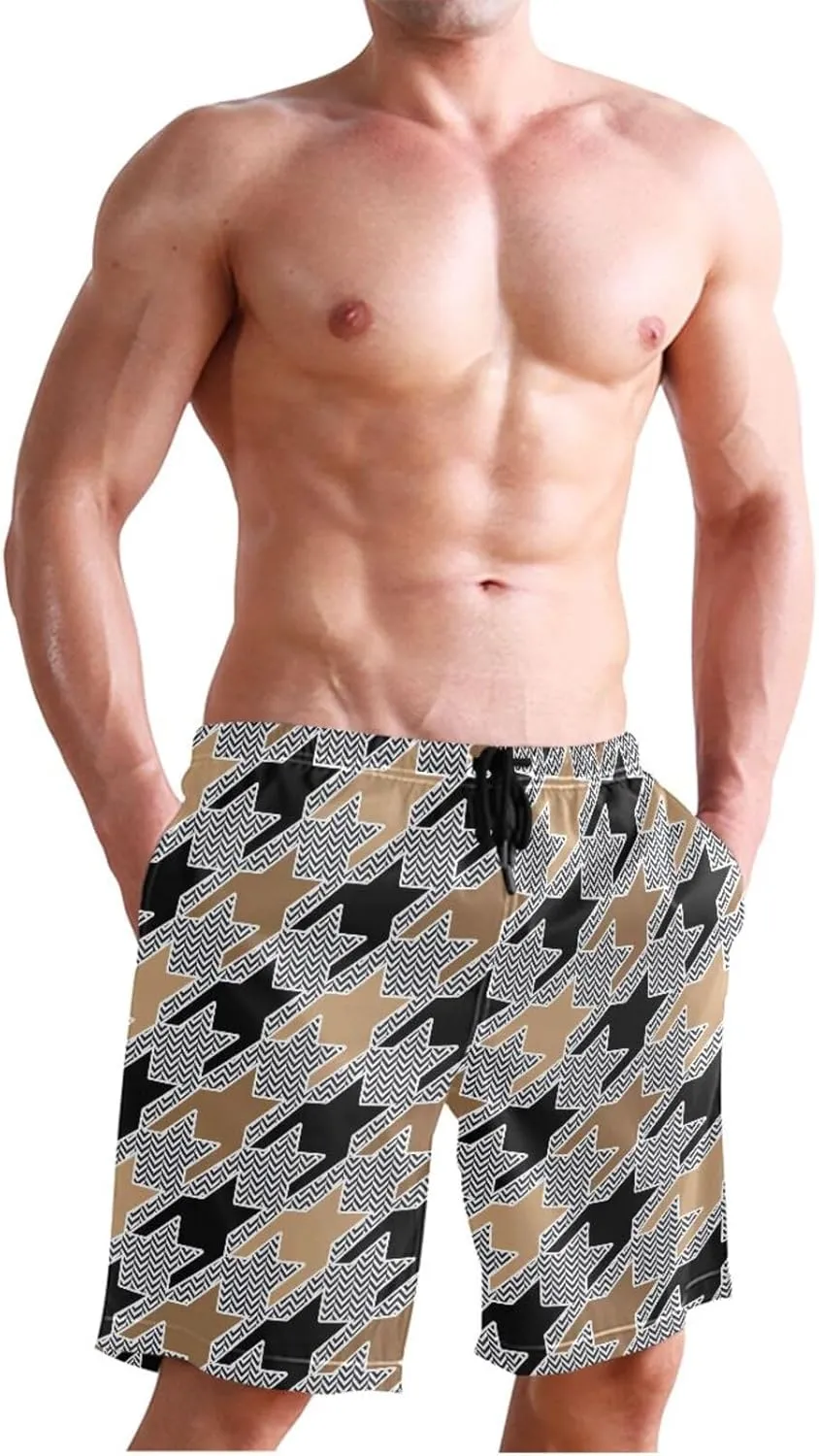 CHIFIGNO Chic Houndstooth Black White Mens Beach Shorts, Small Quick Dry Beach Shorts, Surf Trunks Men