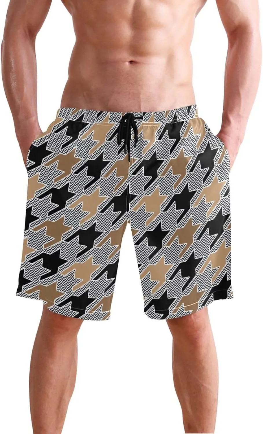 CHIFIGNO Chic Houndstooth Black White Mens Beach Shorts, Small Quick Dry Beach Shorts, Surf Trunks Men