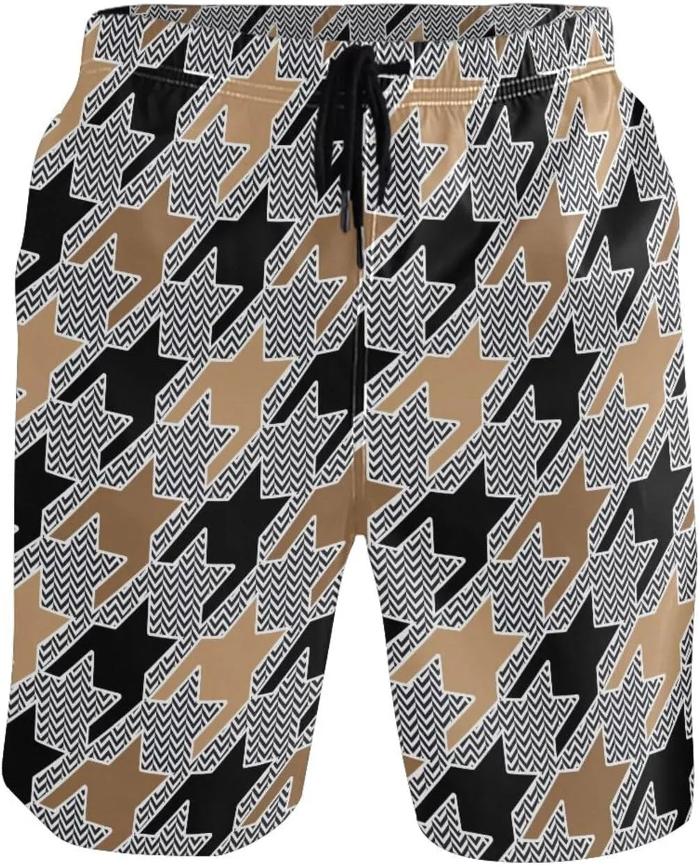 CHIFIGNO Chic Houndstooth Black White Mens Beach Shorts, Small Quick Dry Beach Shorts, Surf Trunks Men