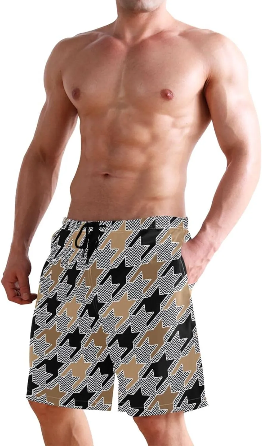 CHIFIGNO Chic Houndstooth Black White Mens Beach Shorts, Small Quick Dry Beach Shorts, Surf Trunks Men