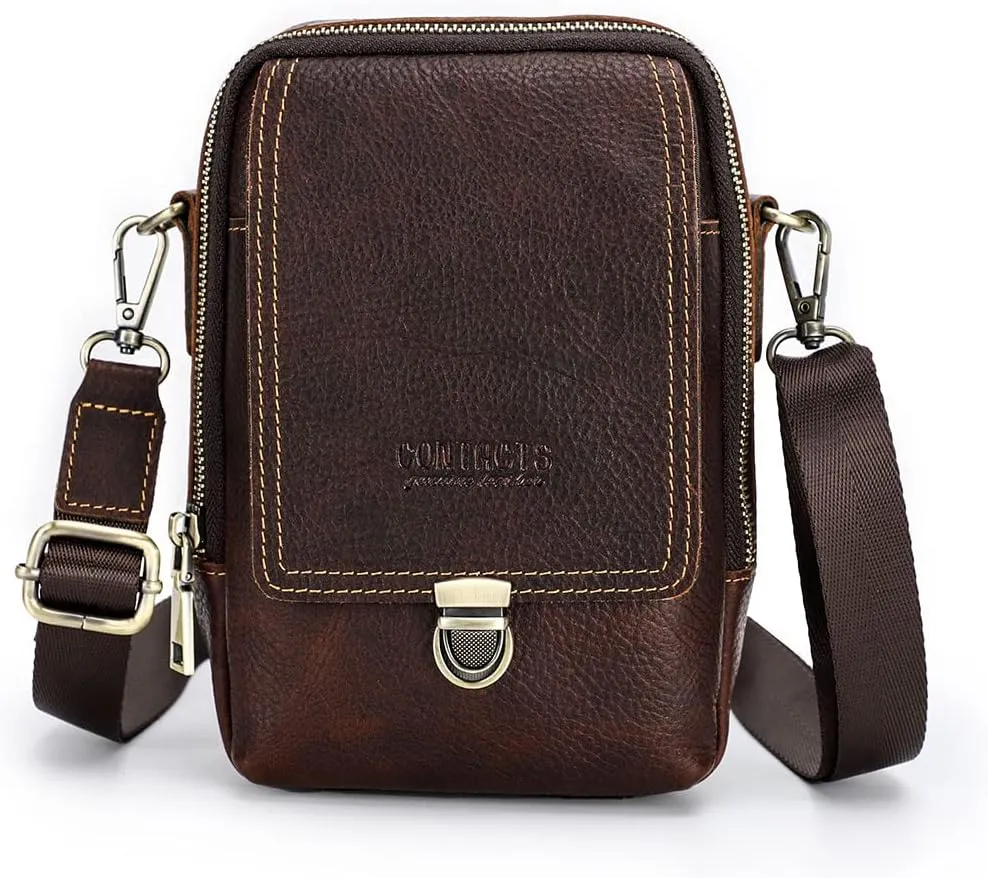 Contacts Full Grain Leather Mini Crossbody Waist Pack Small Sling Bag Travel Phone Wallet Climbing Belt Bag Side Bag