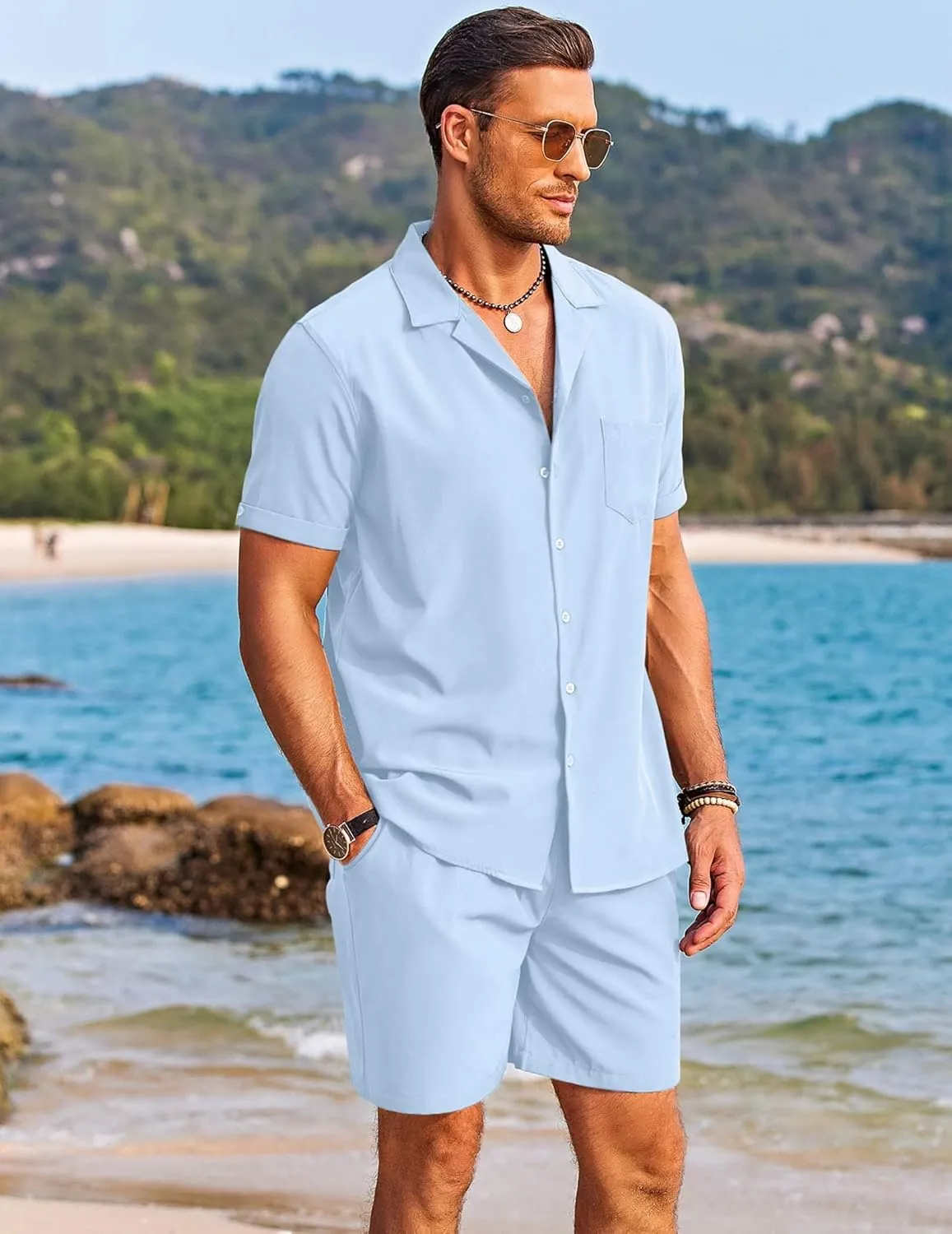 COOFANDY Men's 2 Pieces Shirt Set Short Sleeve Button Down Casual Hippie Holiday Beach T-Shirts Shorts Outfits