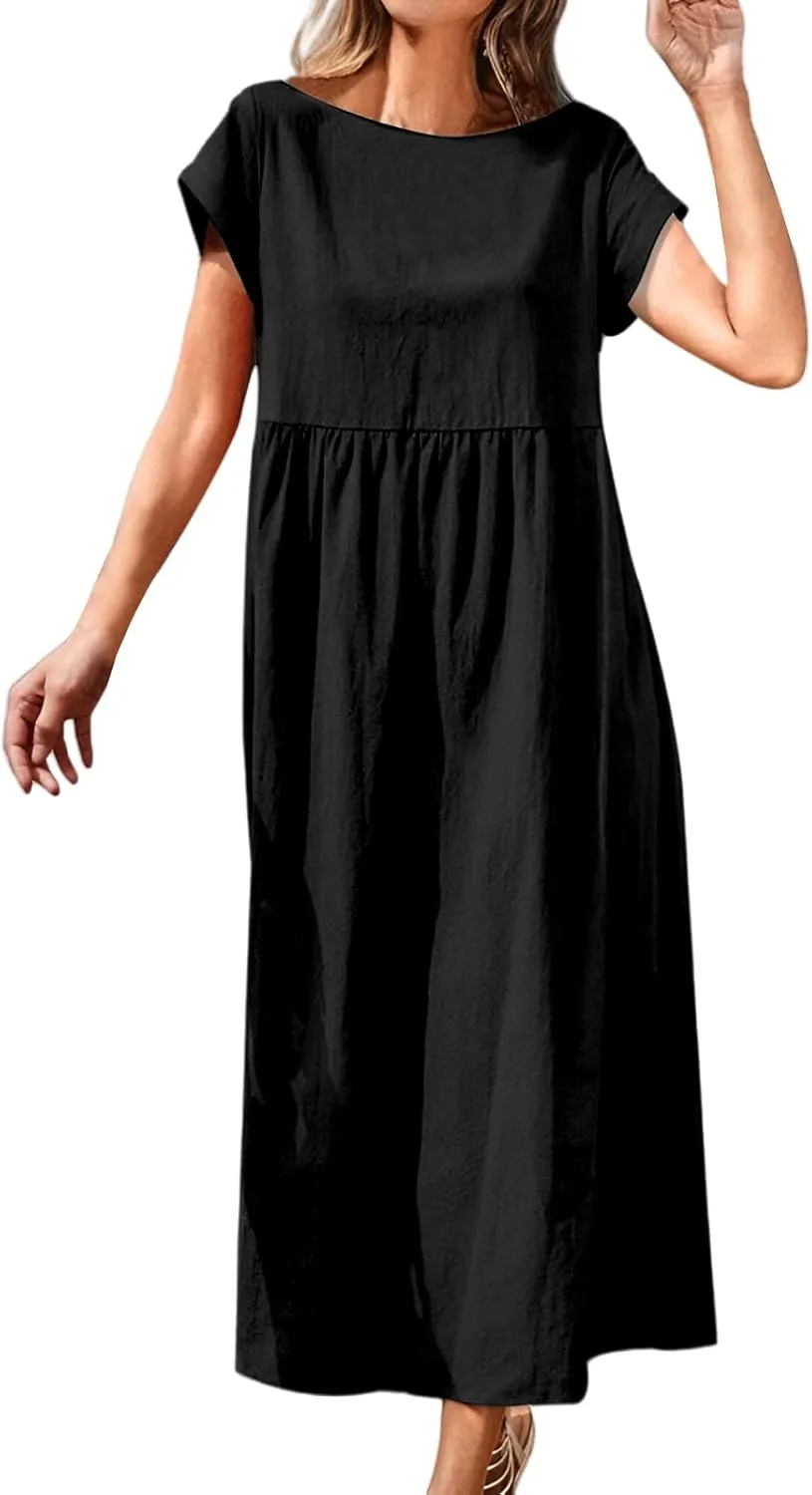 Cotton Linen Dresses for Women Baggy Crew Neck Short Sleeve Tunic Beach Midi Dresses A-Line Flowy Sundress