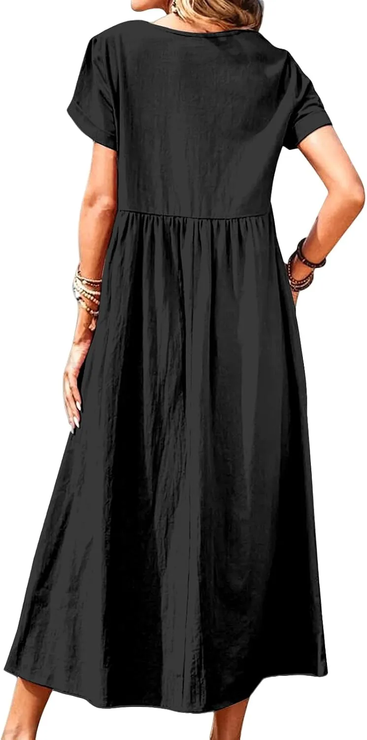 Cotton Linen Dresses for Women Baggy Crew Neck Short Sleeve Tunic Beach Midi Dresses A-Line Flowy Sundress