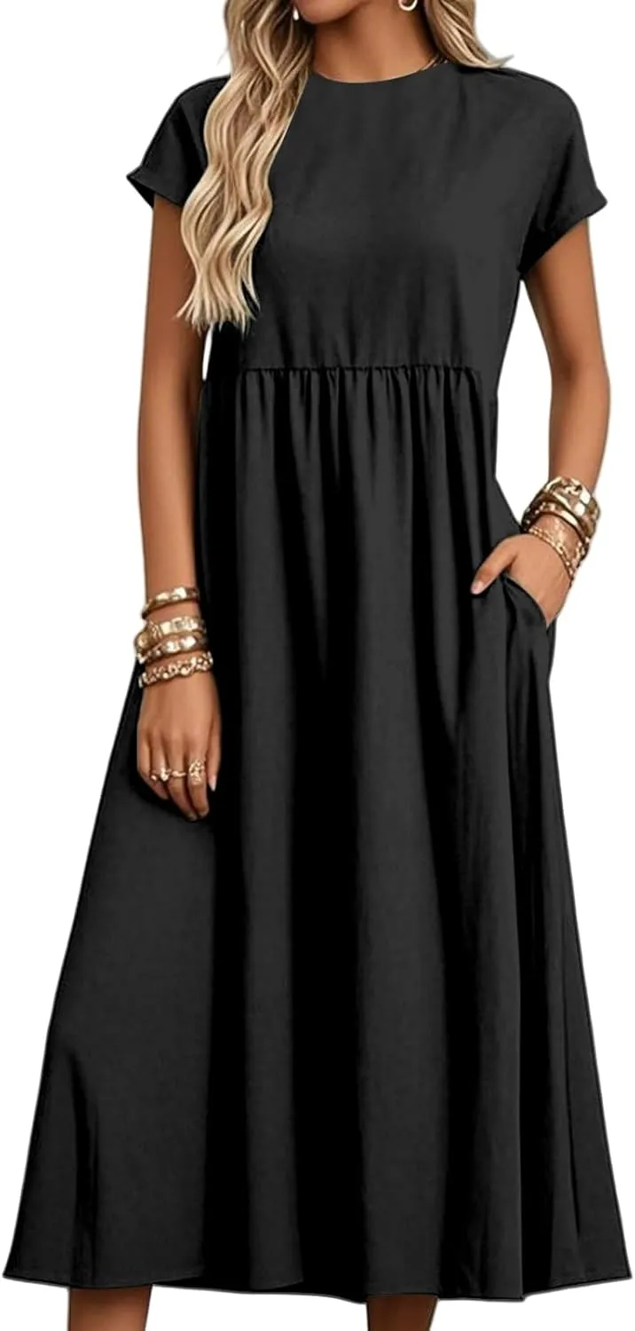 Cotton Linen Dresses for Women Baggy Crew Neck Short Sleeve Tunic Beach Midi Dresses A-Line Flowy Sundress
