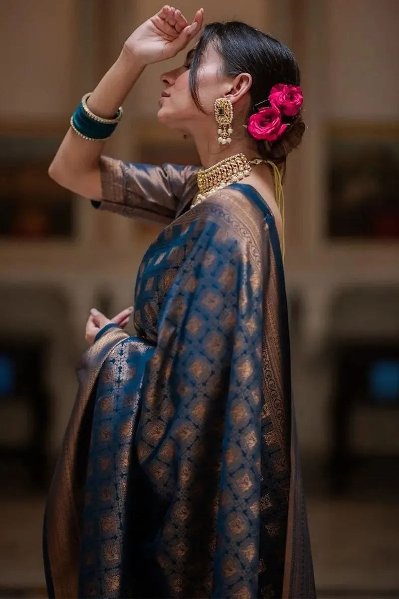Divine Blue Soft Silk Saree With Demure Blouse Piece