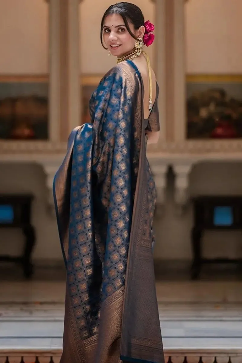Divine Blue Soft Silk Saree With Demure Blouse Piece