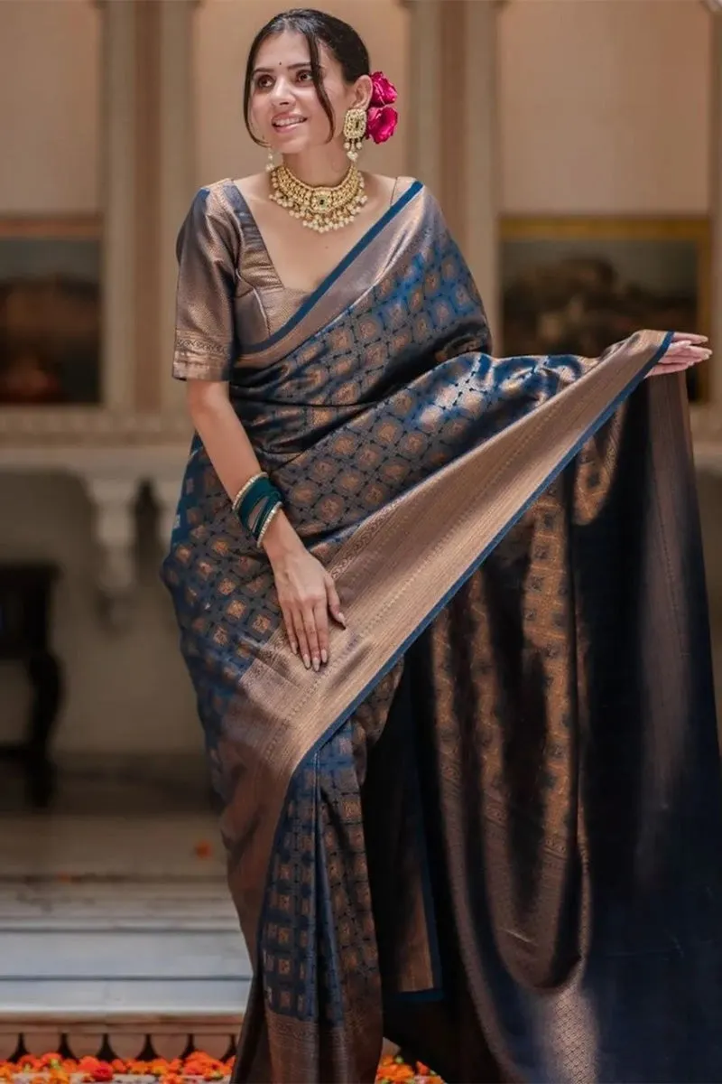 Divine Blue Soft Silk Saree With Demure Blouse Piece