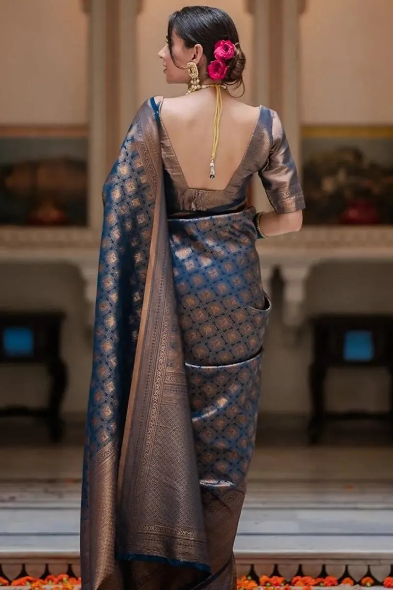 Divine Blue Soft Silk Saree With Demure Blouse Piece