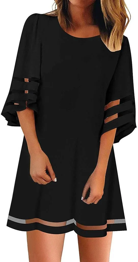 Dresses for Women 2024 Casual Loose A Line Tshirt Dress Crewneck Half Sleeve Trendy Mesh Hem Short Summer Dresses