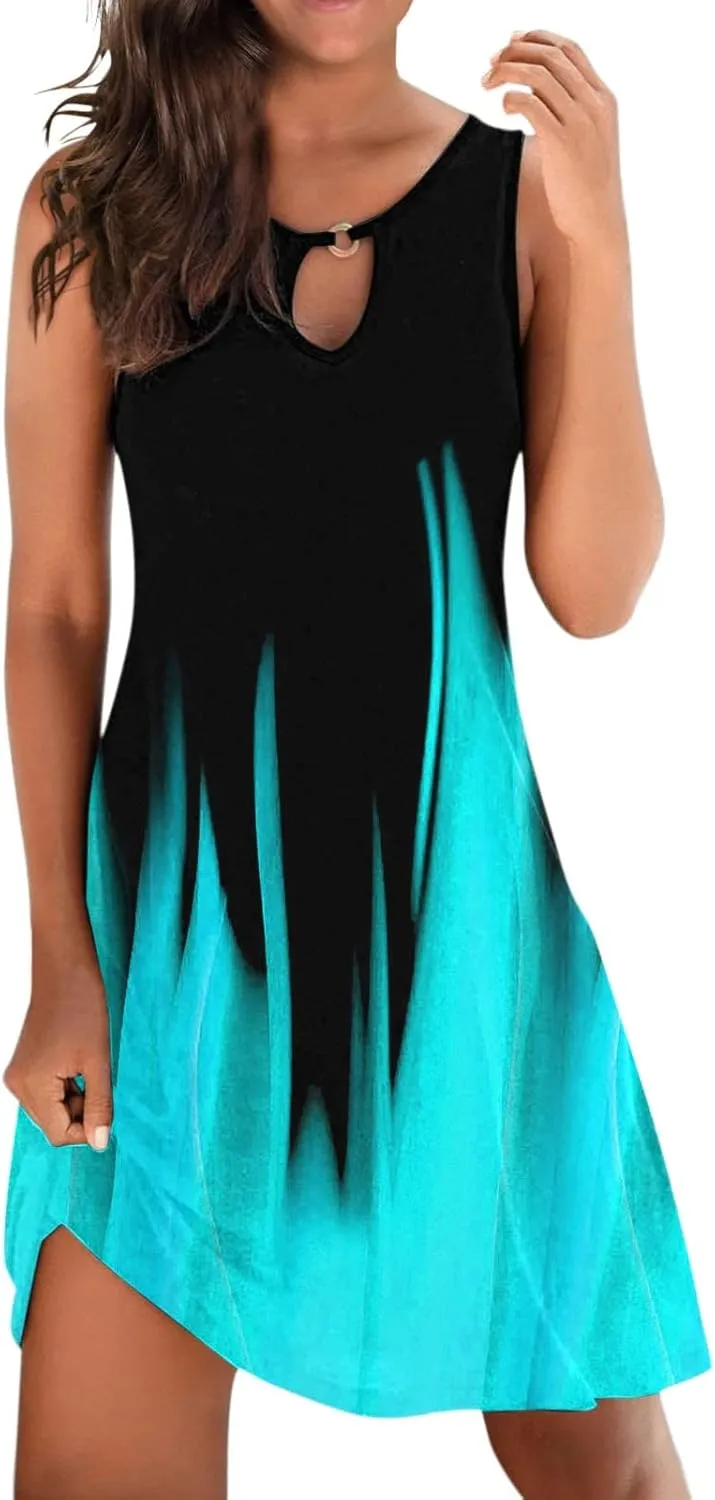 Dresses for Women 2024 Casual Short Sundress Printed Crewneck Sleeveless Tank Dress A Line Sun Dress Summer Dresses