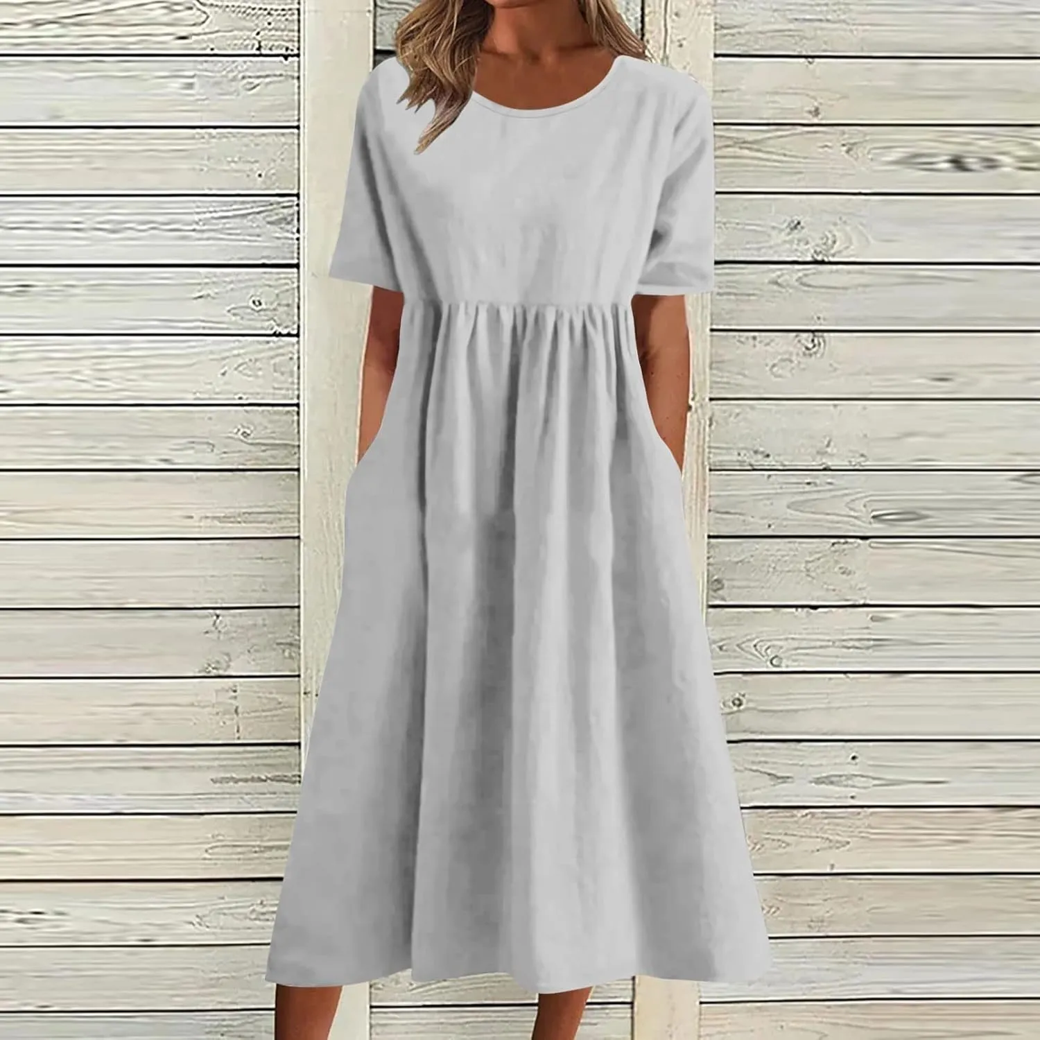 Dresses for Women 2024 Casual Solid Crewneck Short Sleeve Midi Dress Ruched Empire Waist Maxi Dress Summer Dresses
