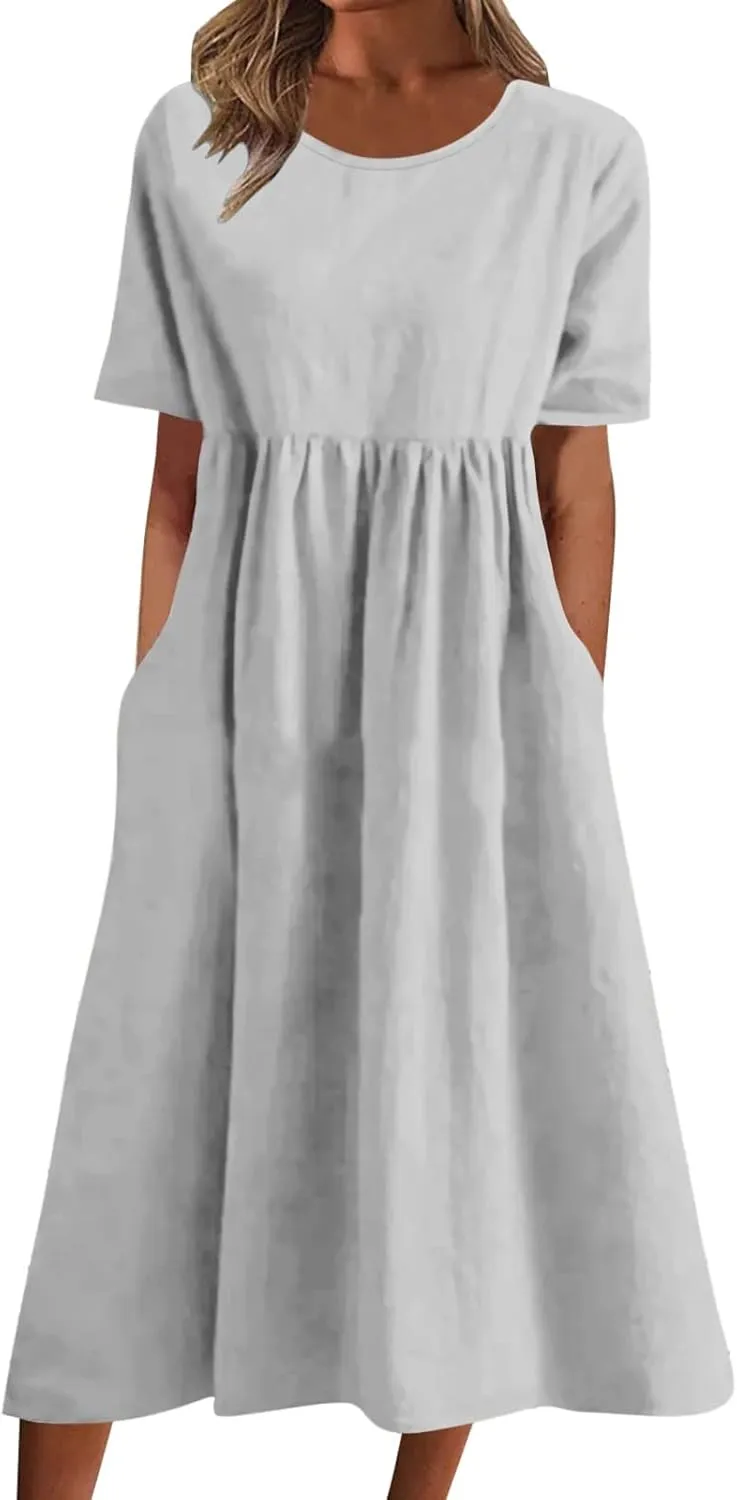 Dresses for Women 2024 Casual Solid Crewneck Short Sleeve Midi Dress Ruched Empire Waist Maxi Dress Summer Dresses