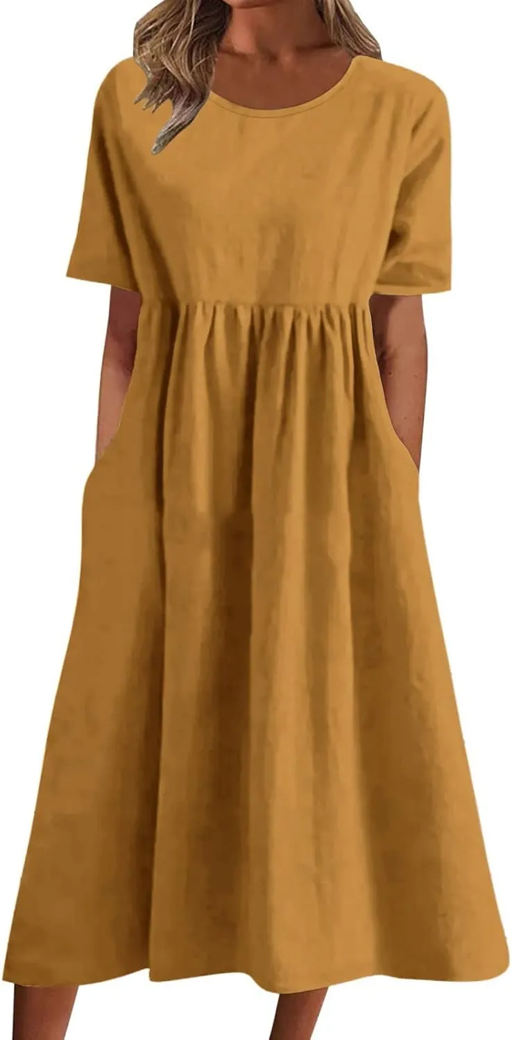 Dresses for Women 2024 Casual Solid Crewneck Short Sleeve Midi Dress Ruched Empire Waist Maxi Dress Summer Dresses