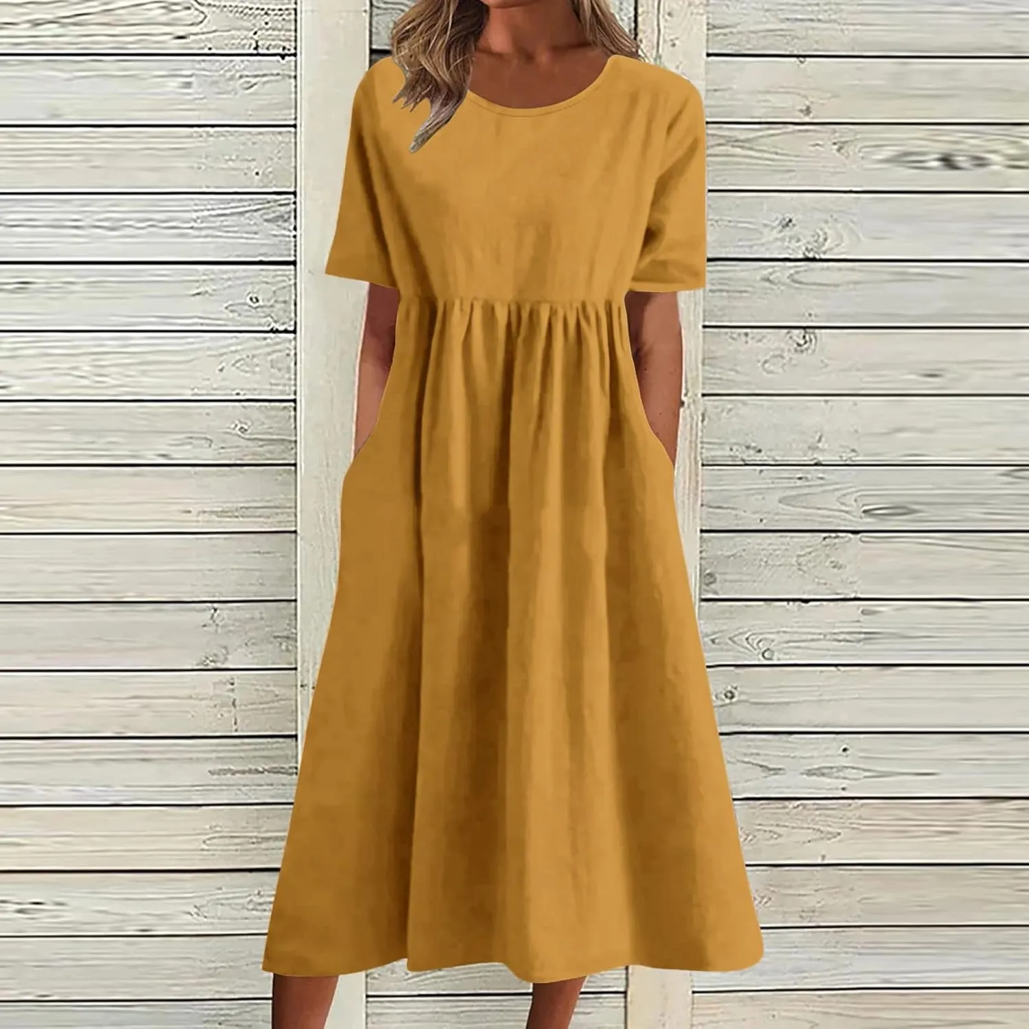 Dresses for Women 2024 Casual Solid Crewneck Short Sleeve Midi Dress Ruched Empire Waist Maxi Dress Summer Dresses