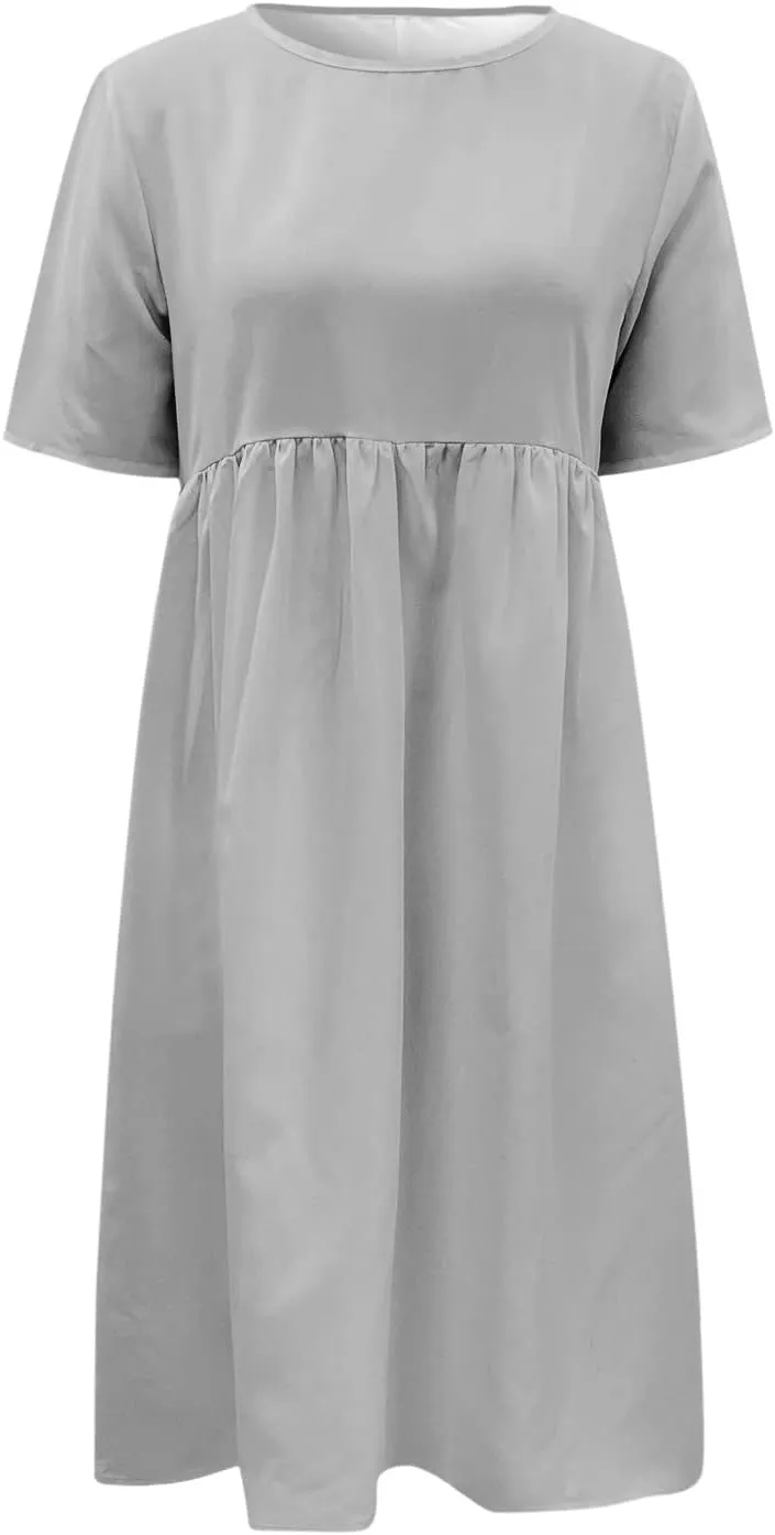 Dresses for Women 2024 Casual Solid Crewneck Short Sleeve Midi Dress Ruched Empire Waist Maxi Dress Summer Dresses