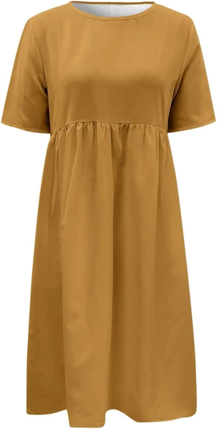 Dresses for Women 2024 Casual Solid Crewneck Short Sleeve Midi Dress Ruched Empire Waist Maxi Dress Summer Dresses