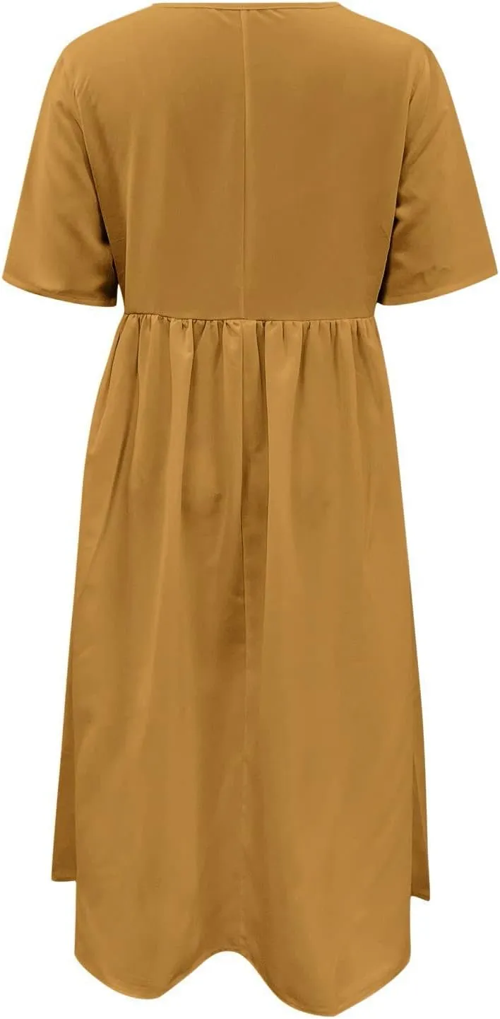 Dresses for Women 2024 Casual Solid Crewneck Short Sleeve Midi Dress Ruched Empire Waist Maxi Dress Summer Dresses