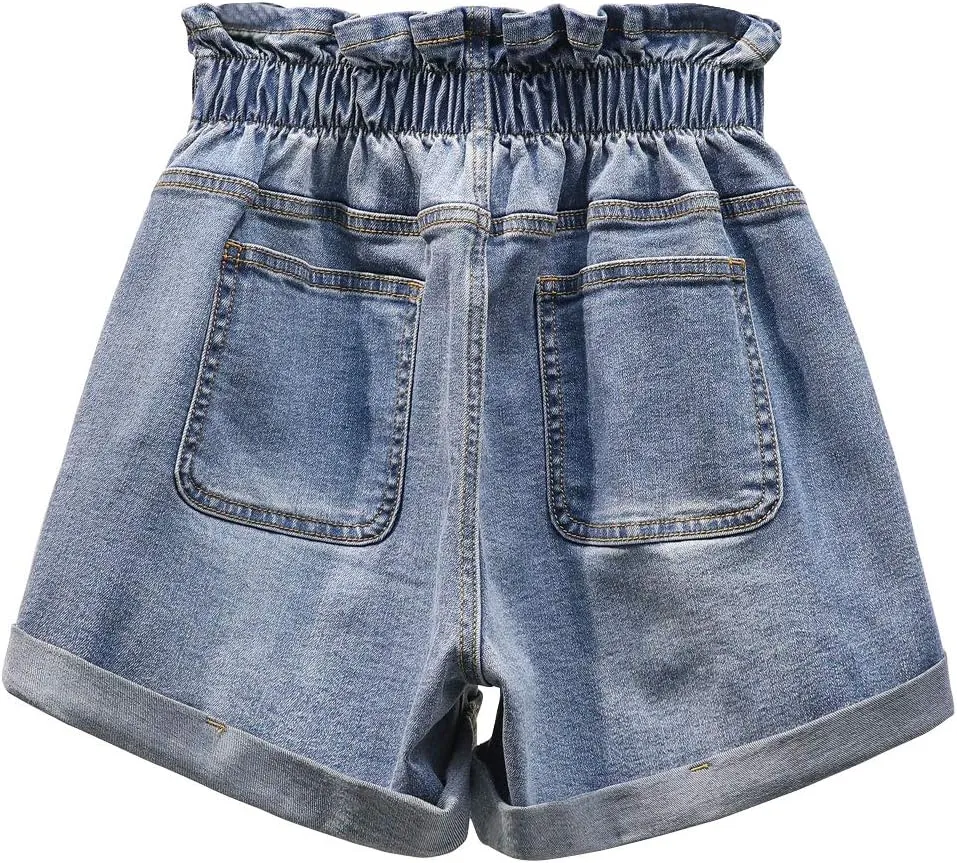 ebossy Women's Chic Roll Cuff Elastic High Waisted Paper Bag Denim Jean Shorts