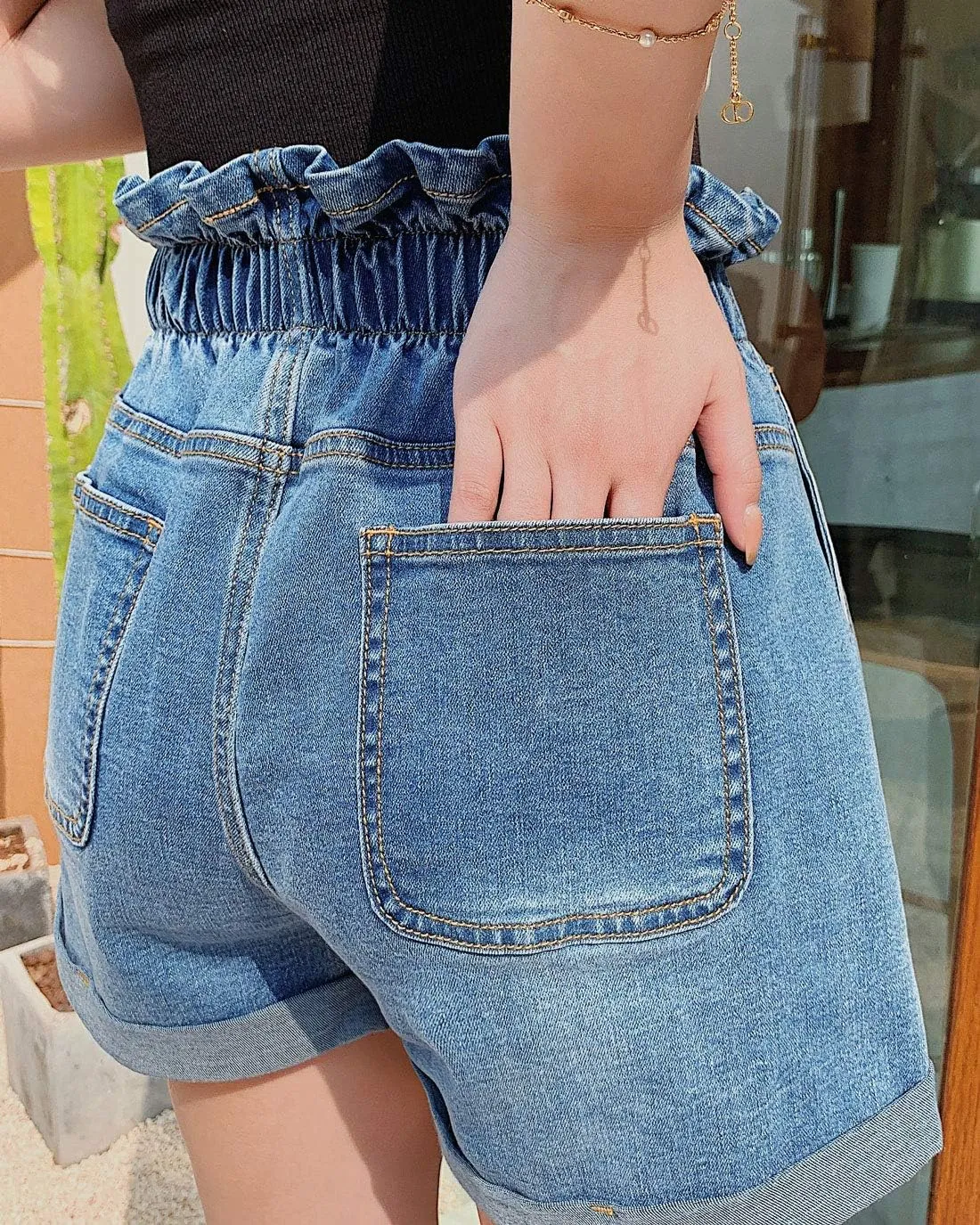 ebossy Women's Chic Roll Cuff Elastic High Waisted Paper Bag Denim Jean Shorts