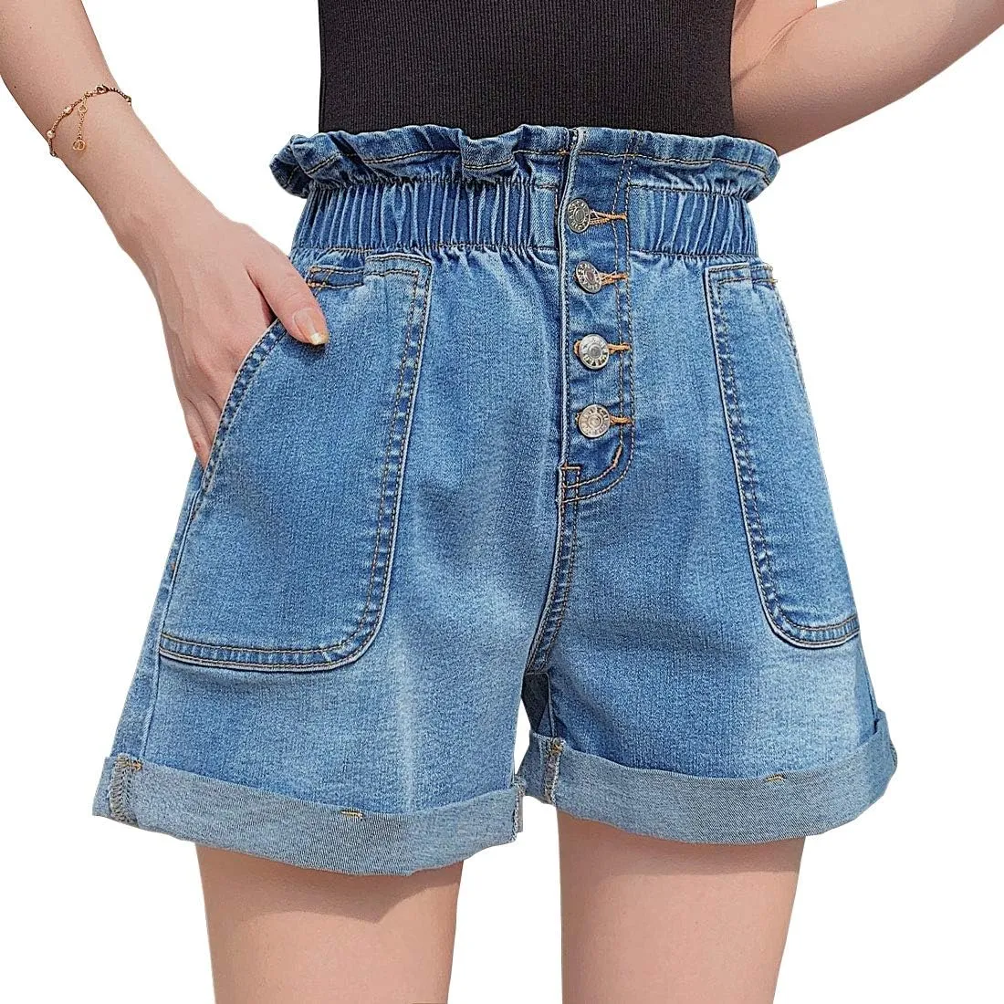 ebossy Women's Chic Roll Cuff Elastic High Waisted Paper Bag Denim Jean Shorts