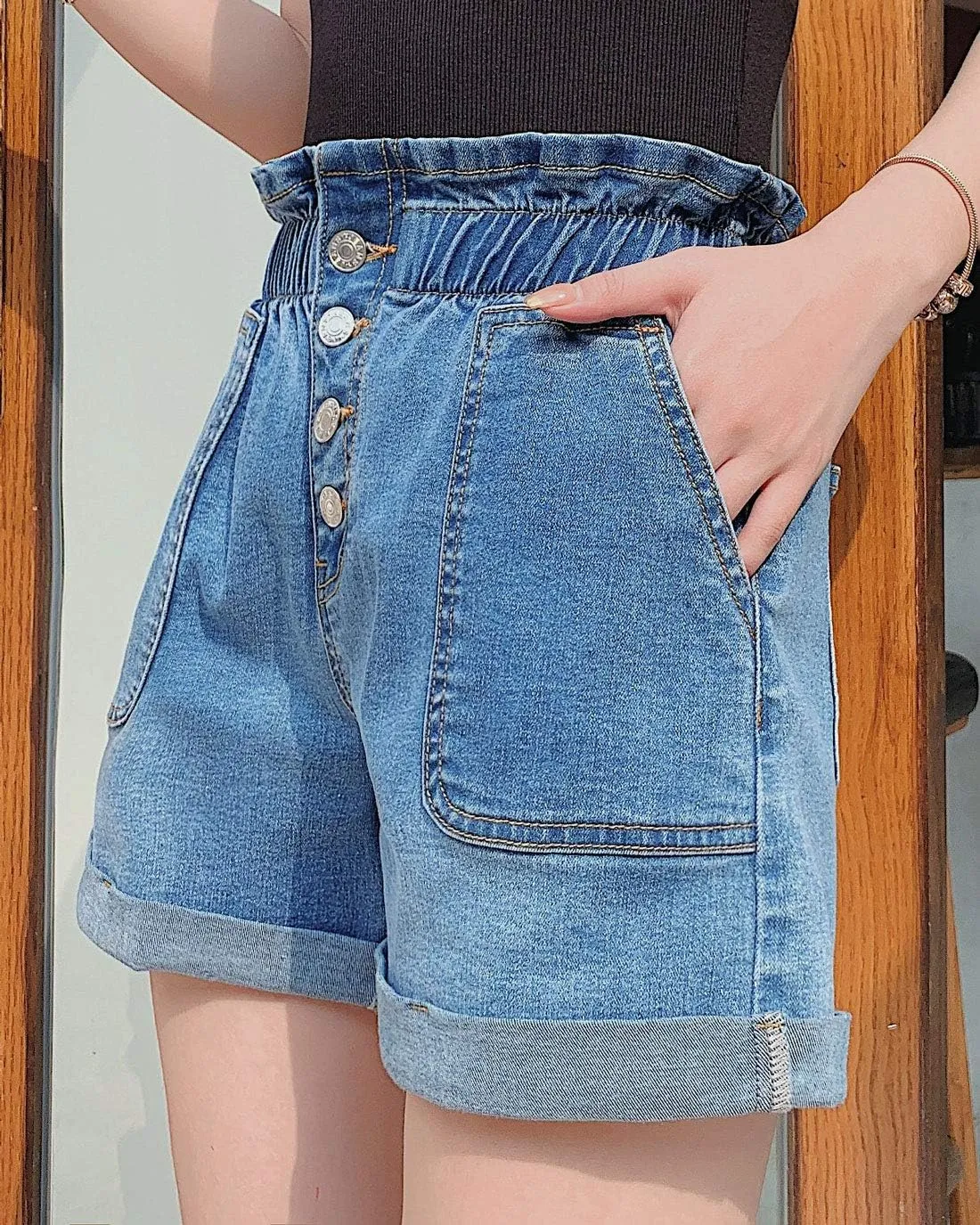 ebossy Women's Chic Roll Cuff Elastic High Waisted Paper Bag Denim Jean Shorts