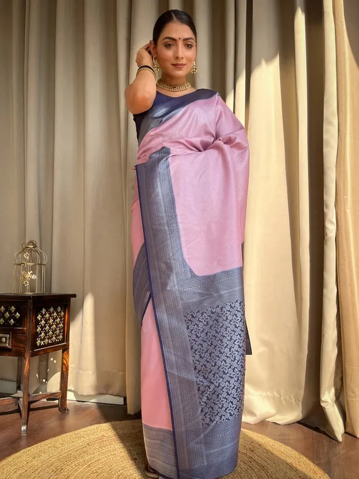 Exquisite Baby Pink Soft Silk Saree With Prominent Blouse Piece