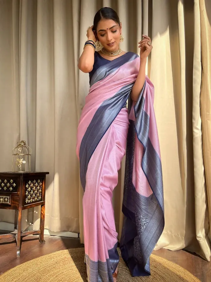 Exquisite Baby Pink Soft Silk Saree With Prominent Blouse Piece