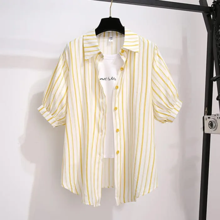 Fake Two Pieces Stripe Lapel T-Shirt Pocketed Denim Shorts