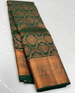 Gossamer Dark Green Soft Silk Saree With Glorious Blouse Piece