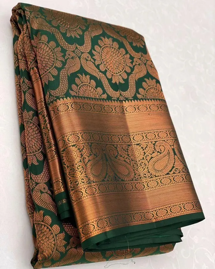 Gossamer Dark Green Soft Silk Saree With Glorious Blouse Piece