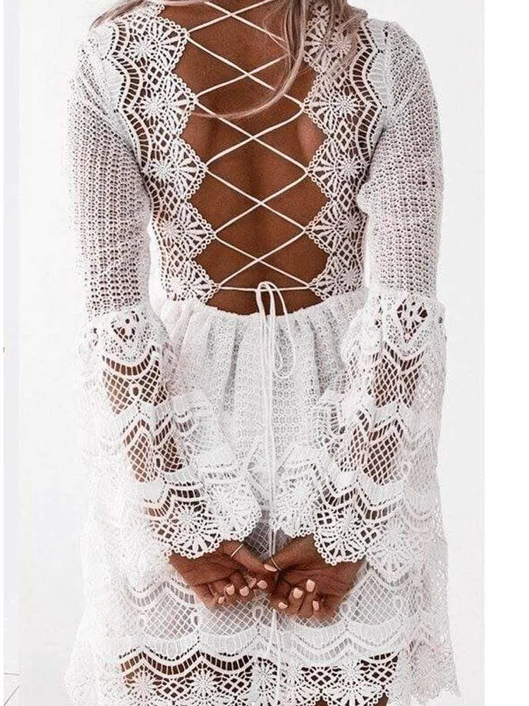 Lace-Up Back Hollow Long Sleeve White Dresses