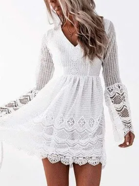 Lace-Up Back Hollow Long Sleeve White Dresses