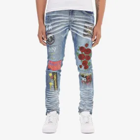 LIGHT SAND BLUE JEANS W/ PRINT & ROSE EMBROIDERY