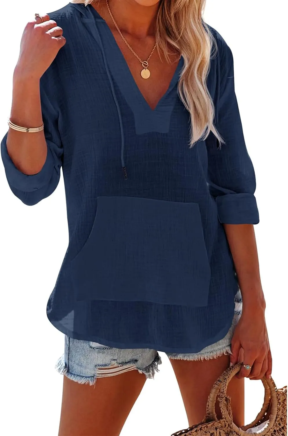 Linen T Shirts for Women Lightweight Breathable V Neck Long Sleeve Tops Summer Casual Cover Up Hoodied Sweatshirts