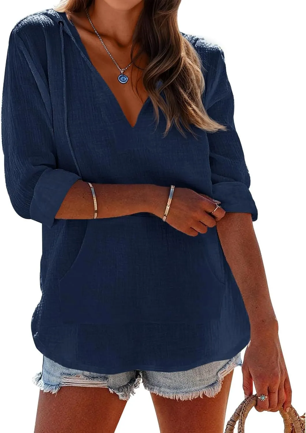 Linen T Shirts for Women Lightweight Breathable V Neck Long Sleeve Tops Summer Casual Cover Up Hoodied Sweatshirts