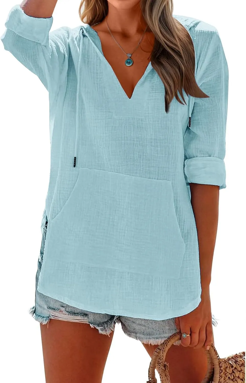 Linen T Shirts for Women Lightweight Breathable V Neck Long Sleeve Tops Summer Casual Cover Up Hoodied Sweatshirts