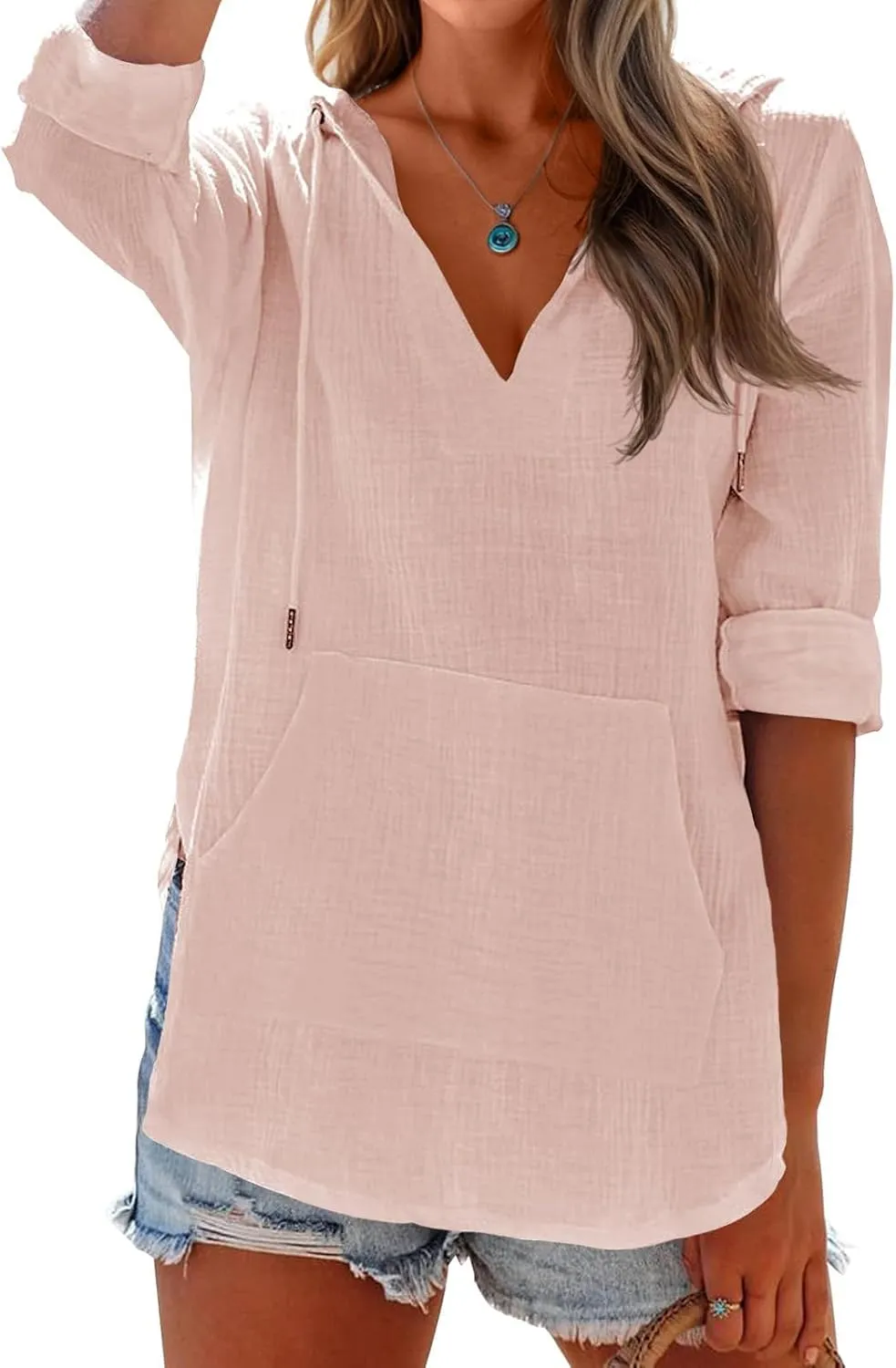 Linen T Shirts for Women Lightweight Breathable V Neck Long Sleeve Tops Summer Casual Cover Up Hoodied Sweatshirts