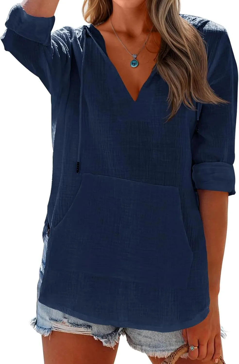 Linen T Shirts for Women Lightweight Breathable V Neck Long Sleeve Tops Summer Casual Cover Up Hoodied Sweatshirts