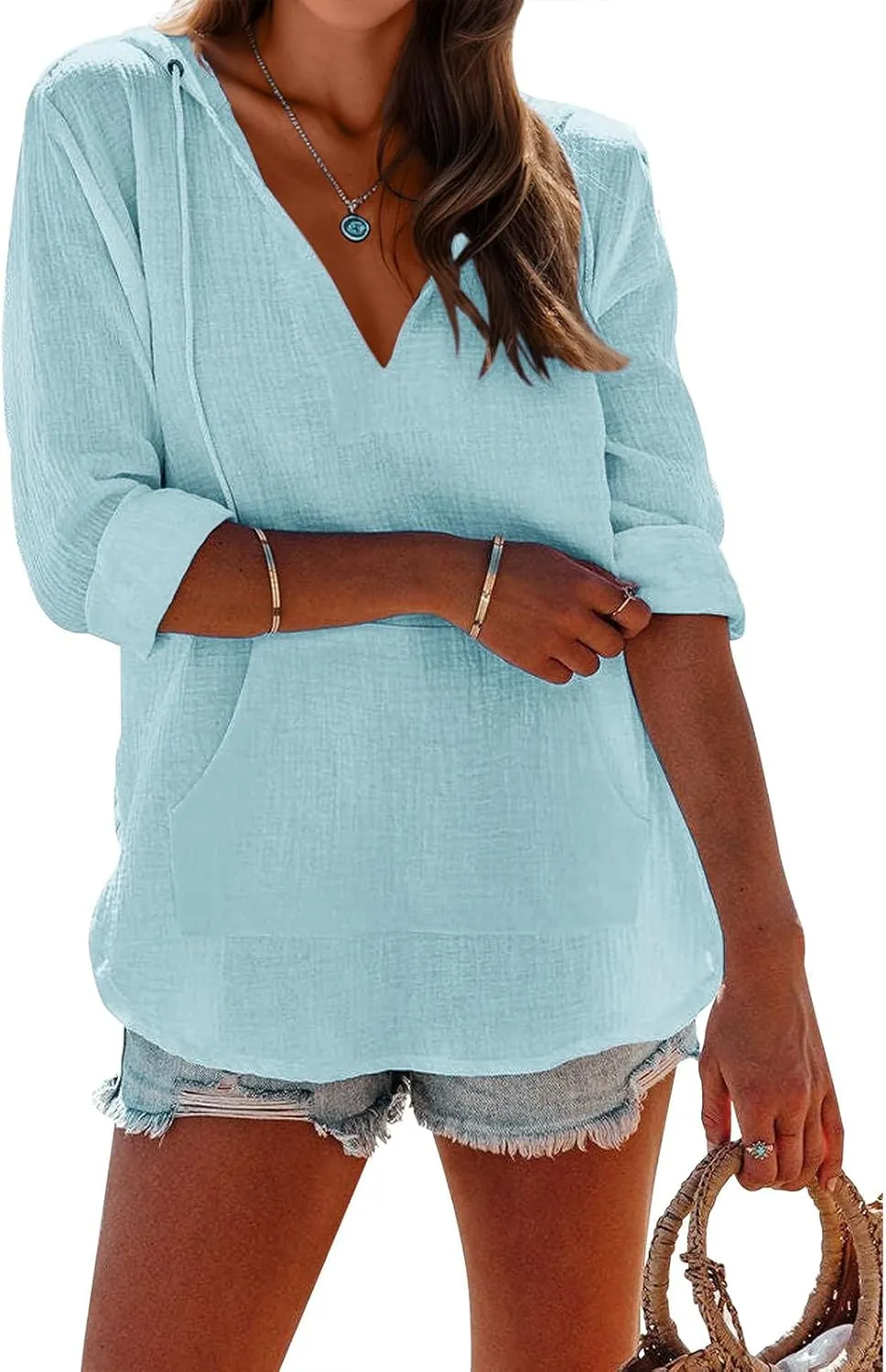 Linen T Shirts for Women Lightweight Breathable V Neck Long Sleeve Tops Summer Casual Cover Up Hoodied Sweatshirts