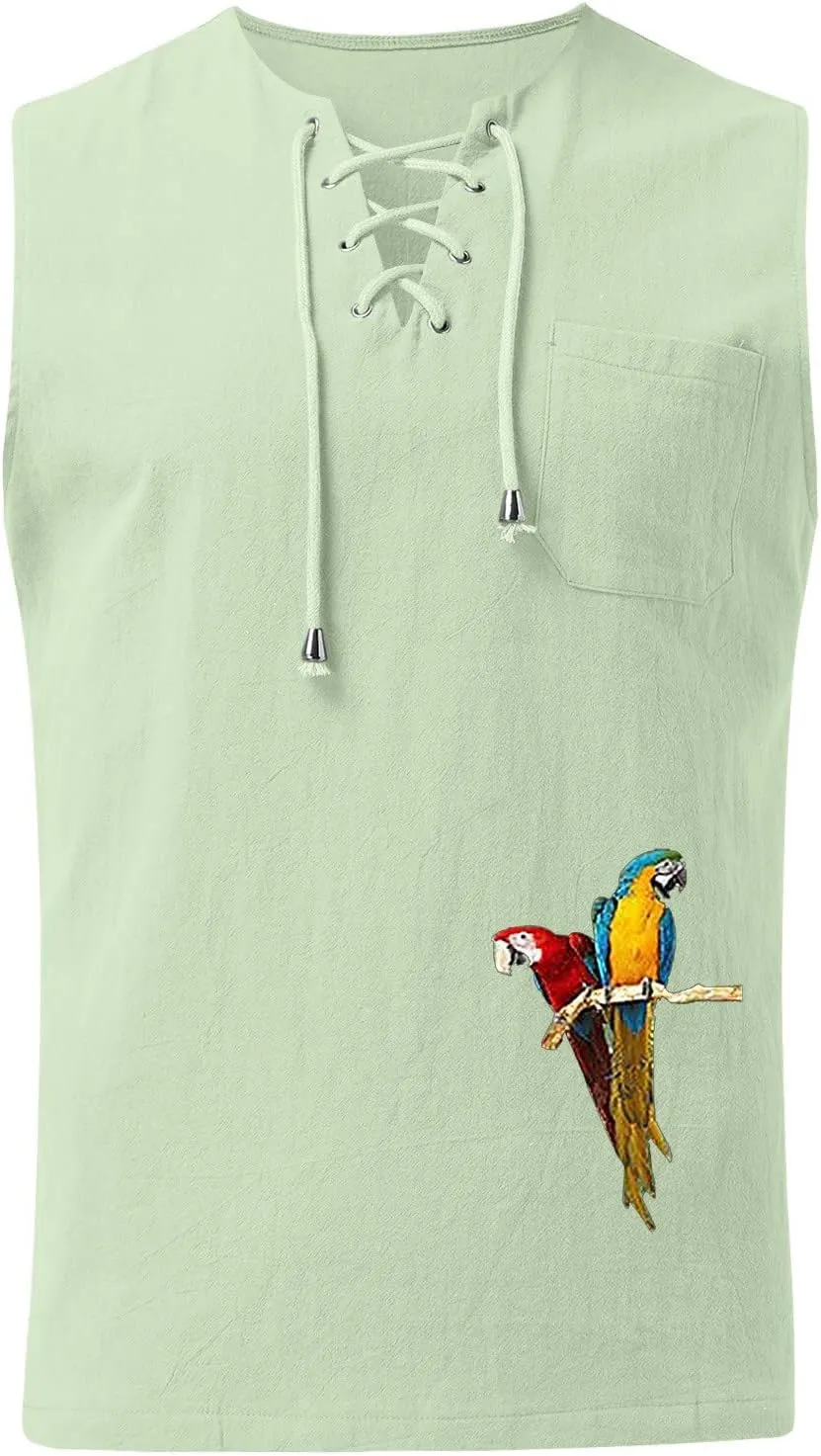 Loose Fit Cotton Linen Bohemian Tank Tops for Mens Summer Beach Fuunny Sleeveless Lace Up Hippie Cutt Off Tshirts