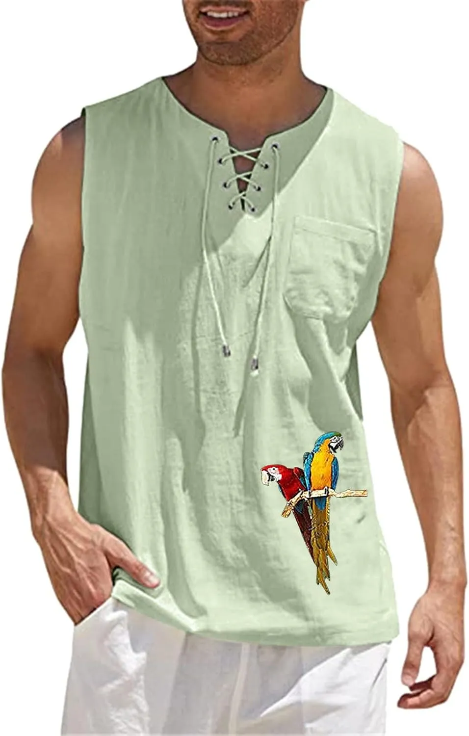 Loose Fit Cotton Linen Bohemian Tank Tops for Mens Summer Beach Fuunny Sleeveless Lace Up Hippie Cutt Off Tshirts